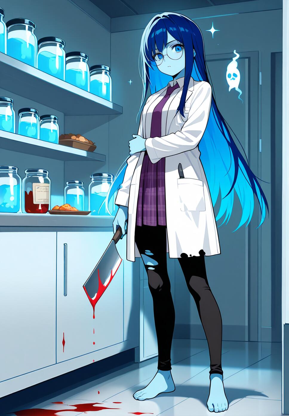 A flat vector illustration of a girl with blue skin, blue hair, and round glasses wearing a lab coat and holding a knife.