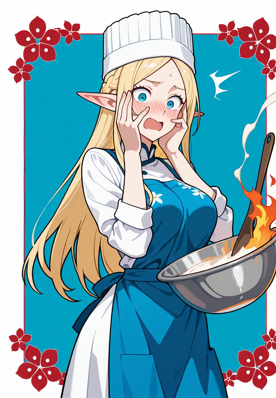 A startled blonde elf chef in a blue apron and white dress looking at a cooking fire, surrounded by baking ingredients in a flat vector style.