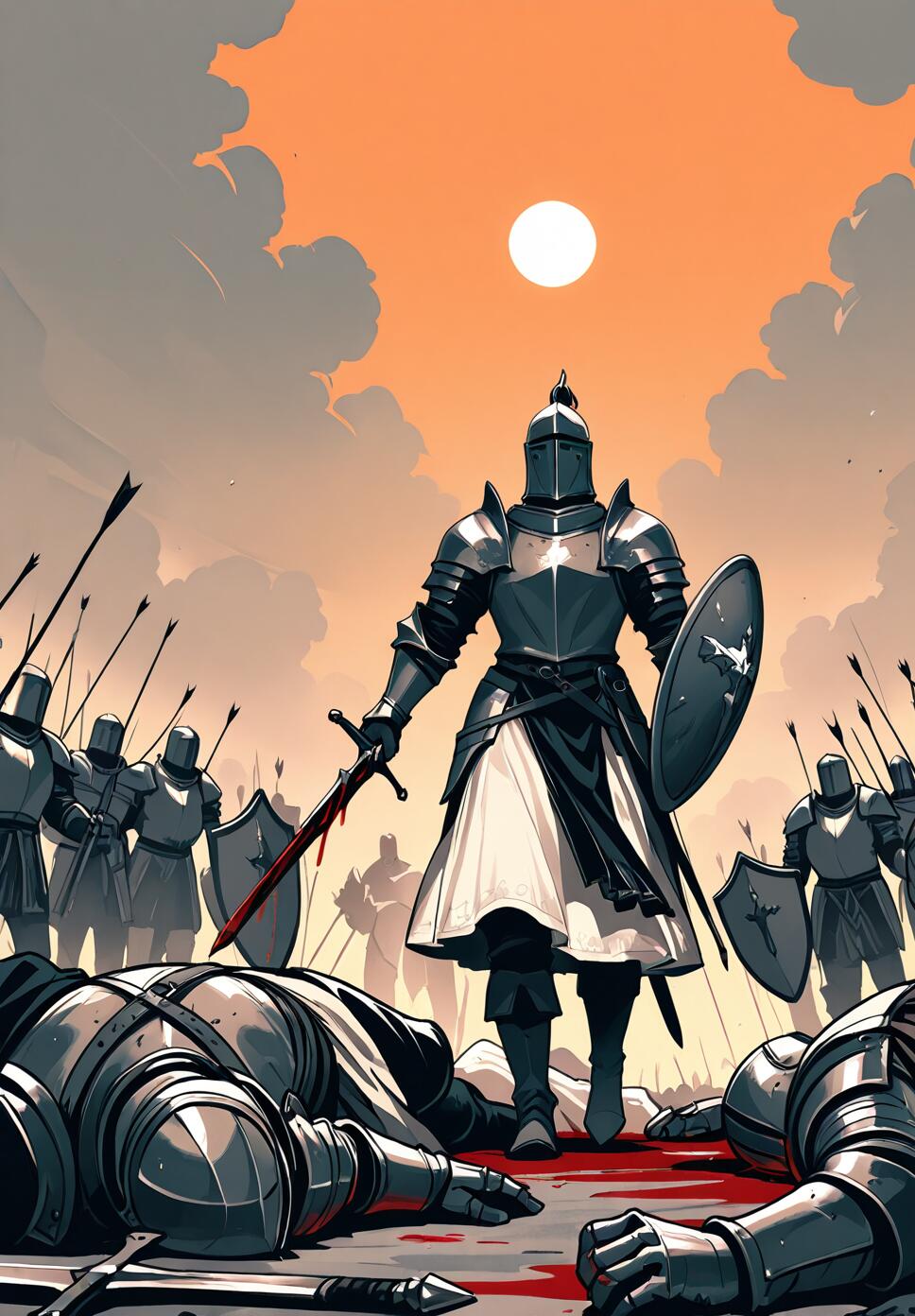 A wounded female knight in white armor and a white dress, holding a sword and shield, standing on a battlefield under an orange sky.