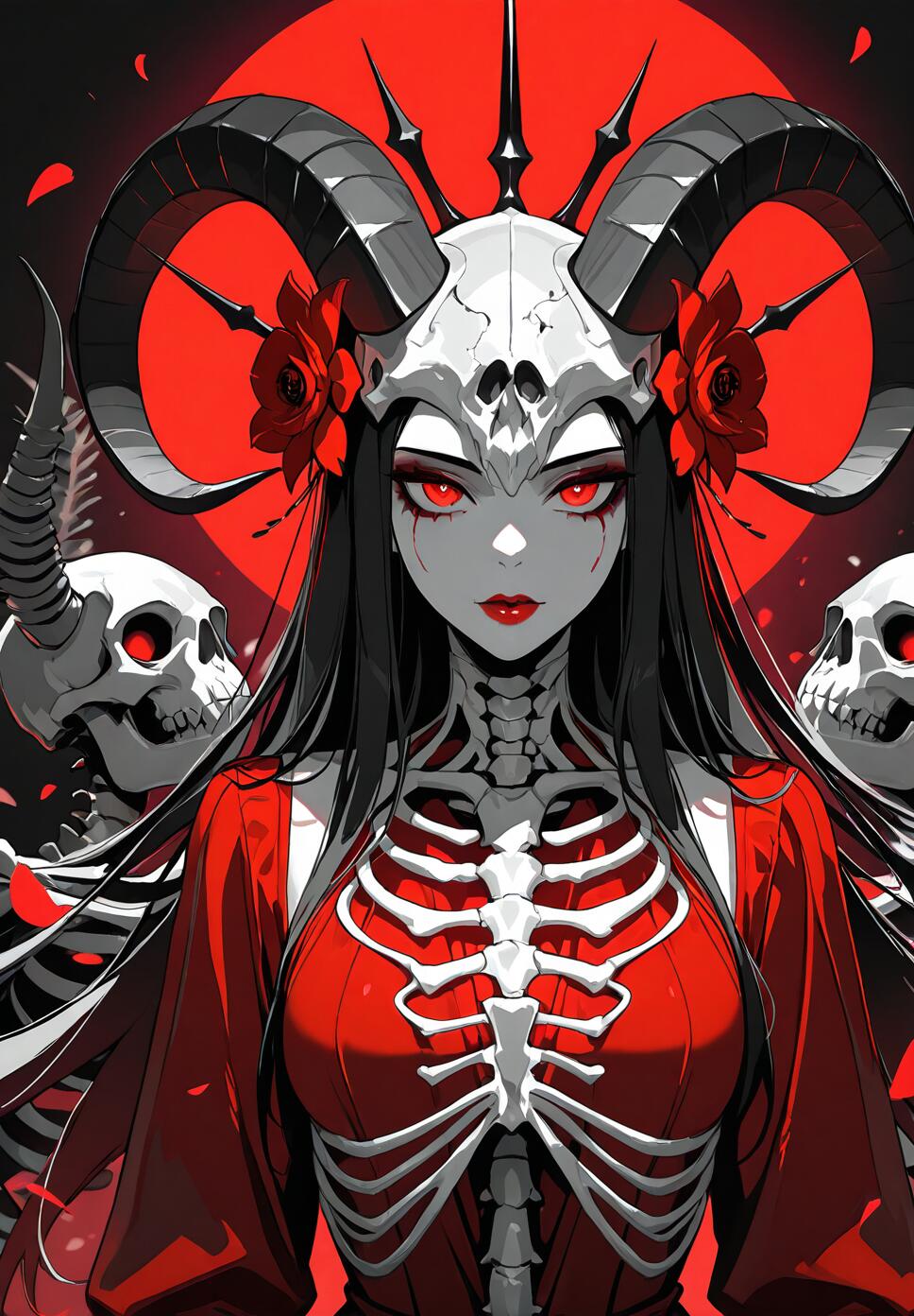 A woman with red eyes, curved horns, and a red dress, decorated with red flowers and skeletal bones.