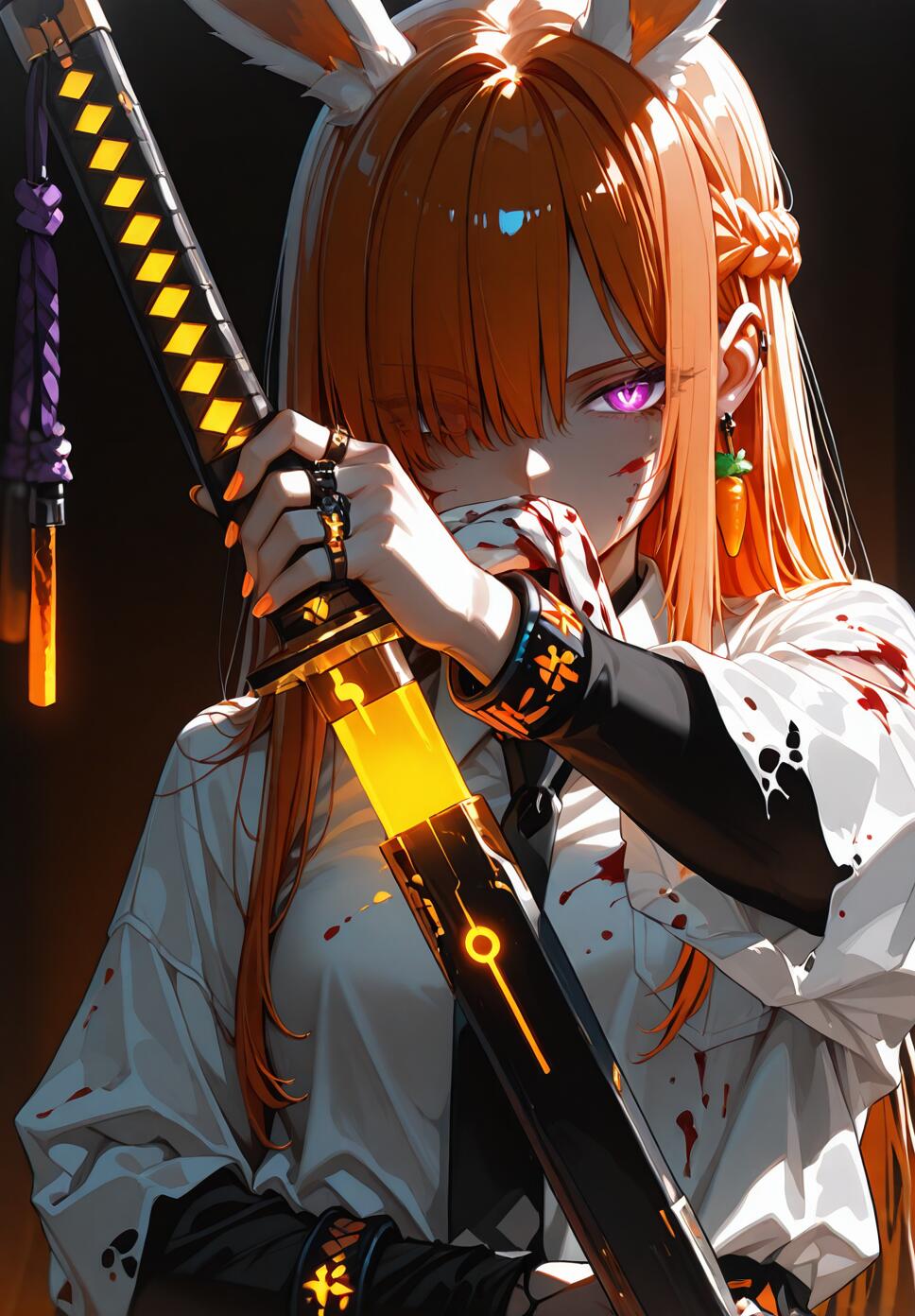 An orange-haired girl with rabbit ears and glowing purple eyes, holding a katana and wearing a torn white shirt with bloodstains.