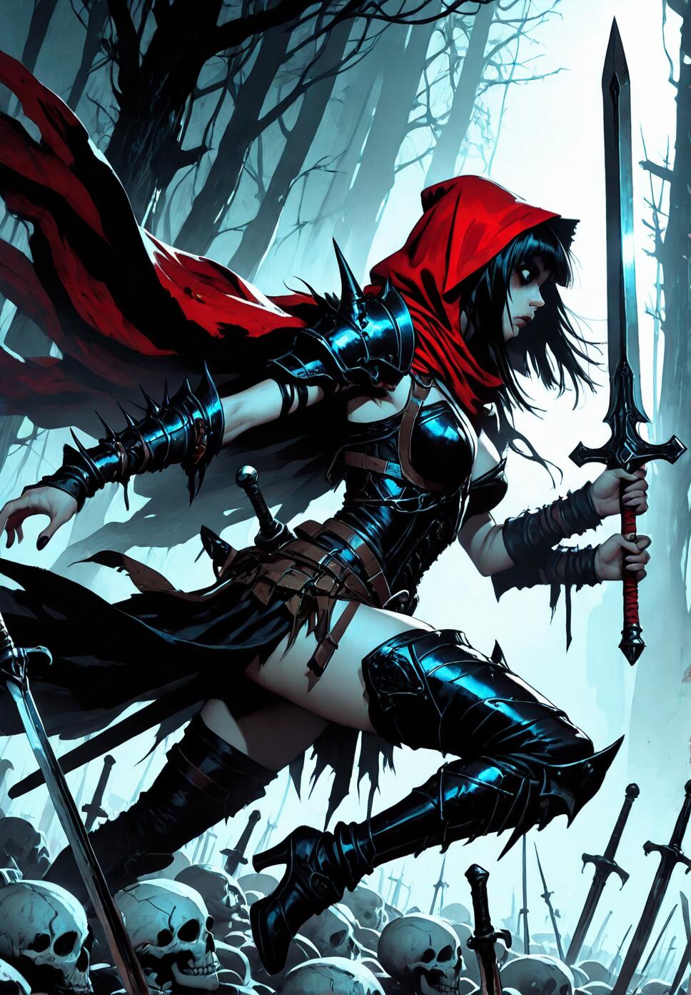 A female warrior with long dark hime-cut hair and glowing eyes, swinging a greatsword amidst a sea of skulls and skeletal remains, wearing a red cloak and spiked armor in a dark fantasy manga style.