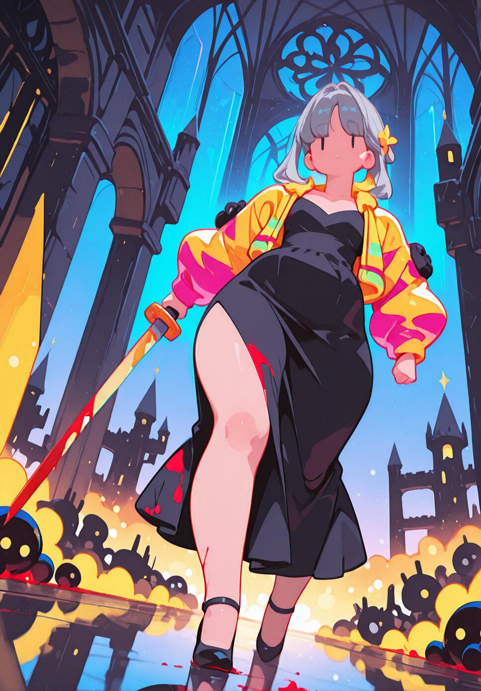 A flat vector illustration of a mature woman with long grey hair, wearing a yellow hazard jacket over a black Victorian maid dress, holding a blood-stained katana in a neon-lit abandoned castle.