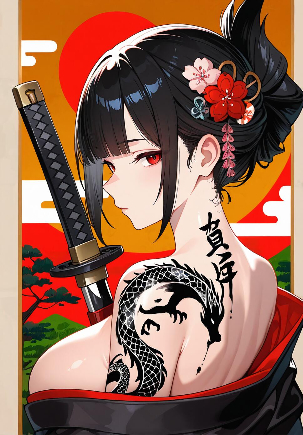 A mature woman with red eyes, black hair in an updo, and a dragon tattoo wearing a black kimono, set against a red sun and cherry blossom background in an ink painting style.
