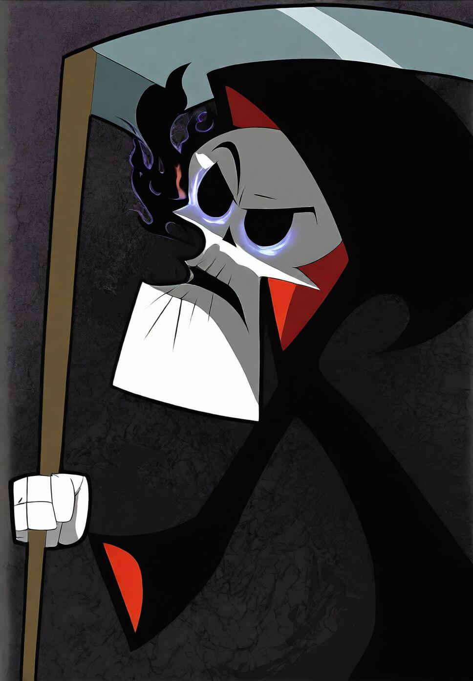 Close-up of a menacing anime character with glowing green eyes and a scythe surrounded by purple flames.