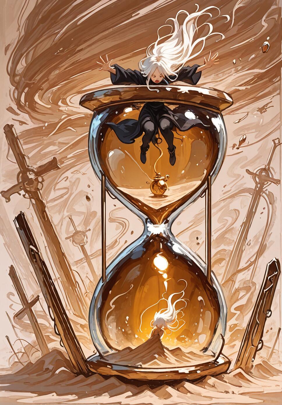Close-up of a woman with flowing white hair struggling inside a cracking giant hourglass amidst a swirling sand vortex and golden ruins.