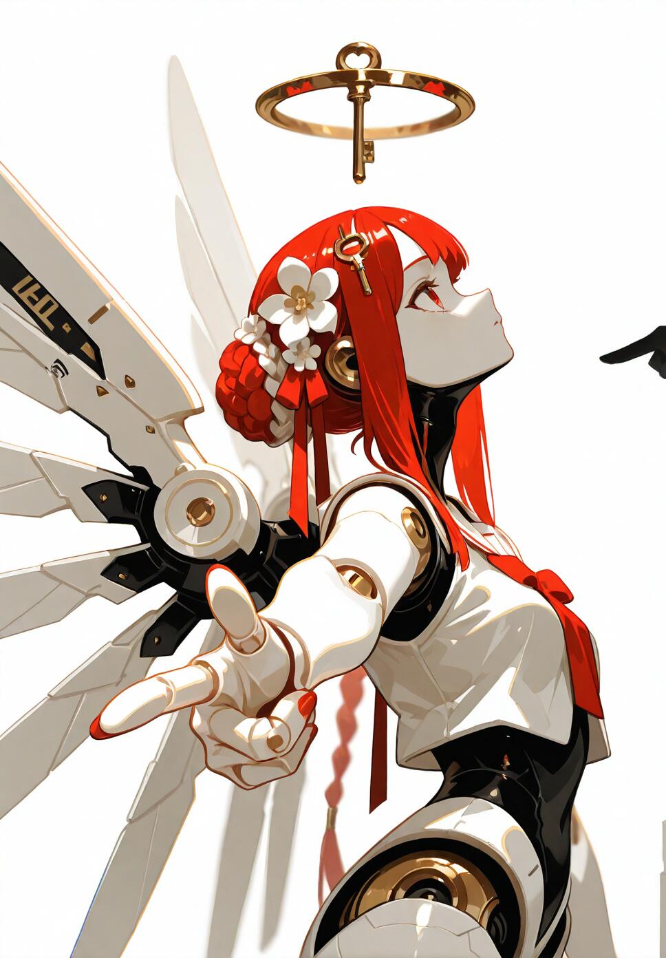 A monochrome, high-contrast painterly illustration of a cybernetic girl with white hair, mechanical wings, and doll joints, pointing toward the viewer.