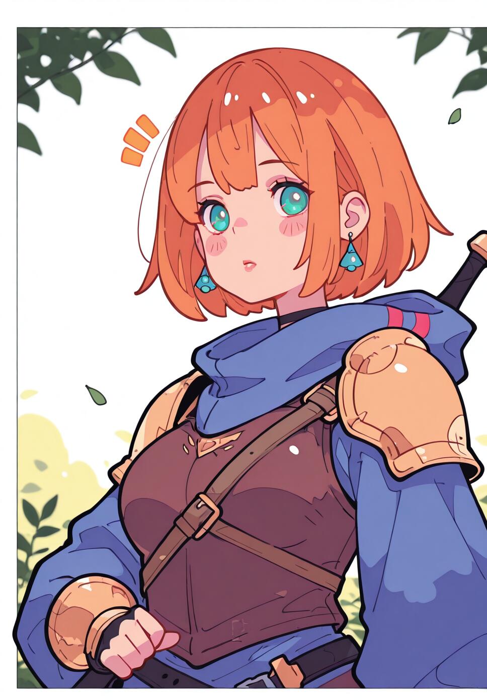 Flat vector illustration of a mature female fantasy warrior holding a sword with a detailed face and expressive eyes.