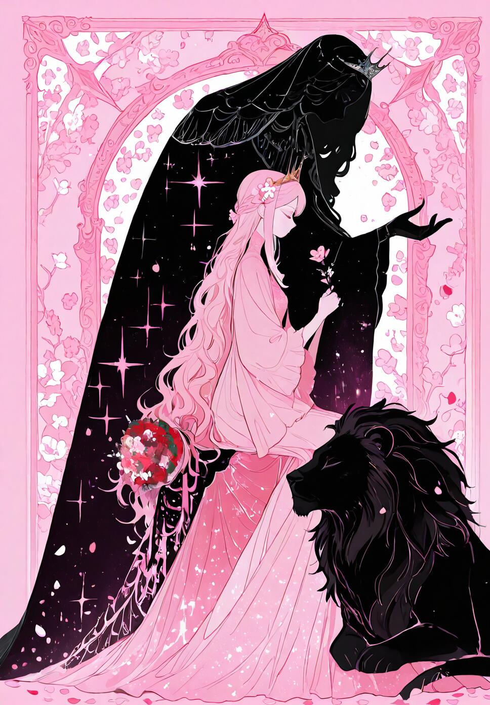 A serene girl with pink braided hair and dark skin, wearing a pink gown and tiara, holding a floral bouquet amidst falling petals.