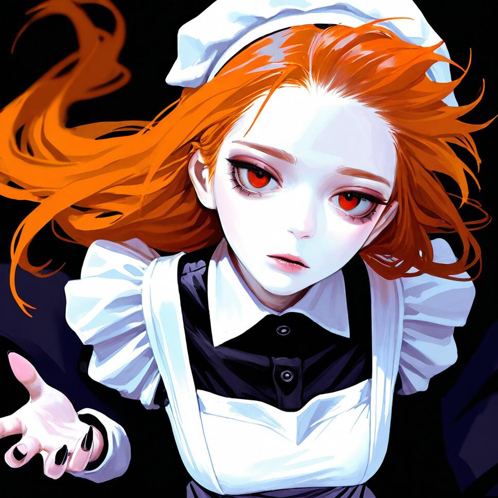 A portrait of a girl with long orange hair wearing a white maid outfit that is floating, set against a black background.
