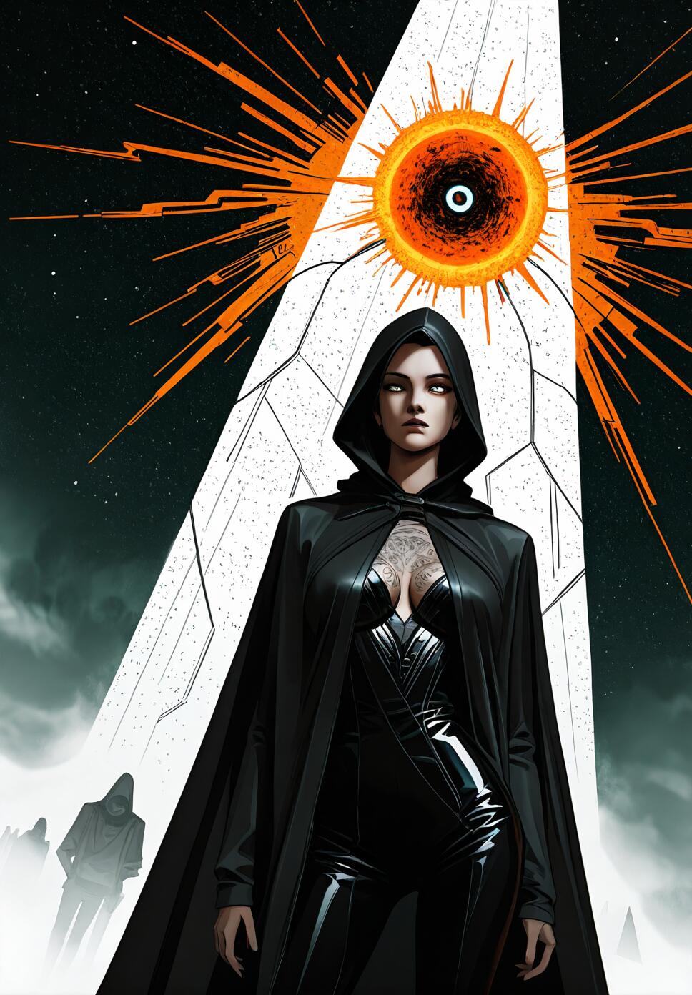 An ethereal woman in a hooded cape standing before a massive white monolith under a vibrant orange cosmic sky with abstract architecture.