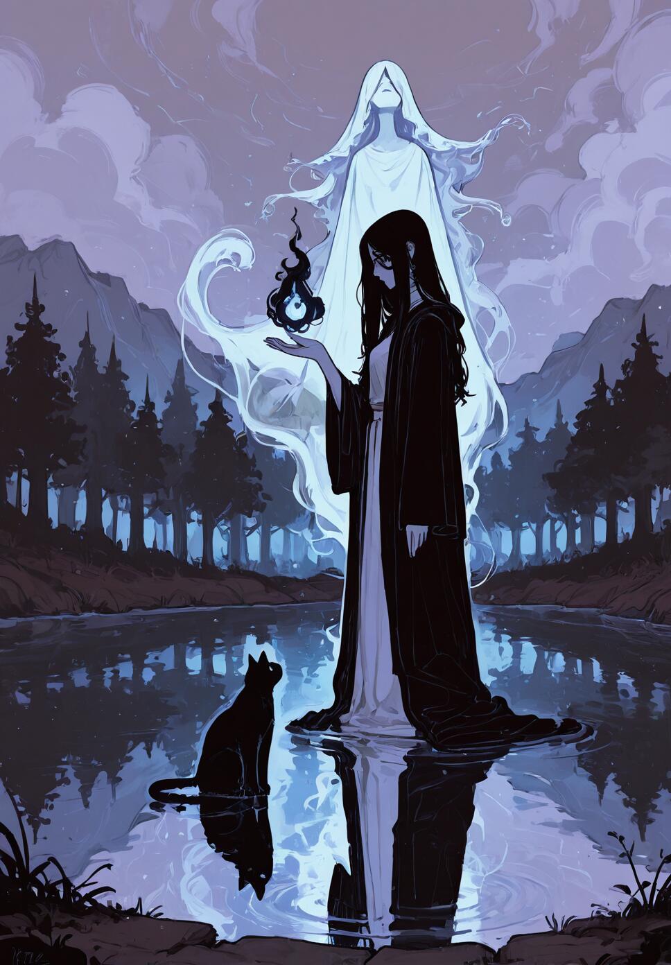 A stylized illustration of a female mage in flowing robes summoning translucent, ethereal ghost cats near a calm, reflective lake.
