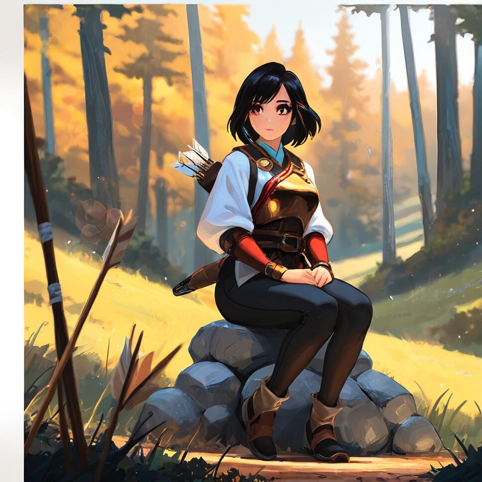 A female archer with black hair and gold eyes, wearing red and gold hunter robes and leather armor, sitting on a rock overlooking a misty forest valley at dawn.