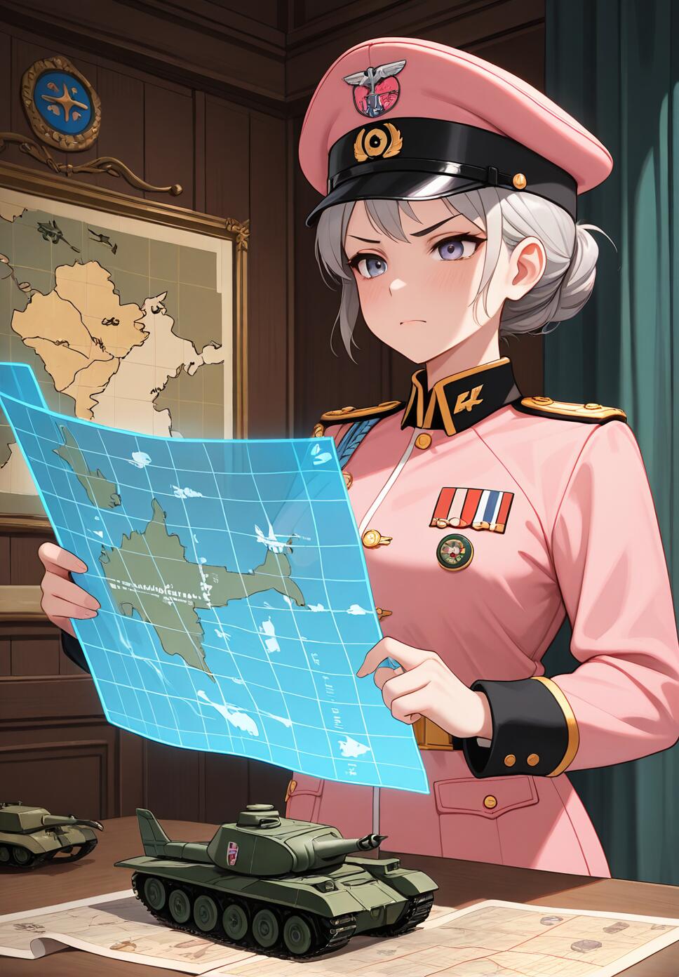 A mature female military officer with grey hair and a stern face, wearing a pink gala uniform with medals, standing over a war room map table with miniatures.