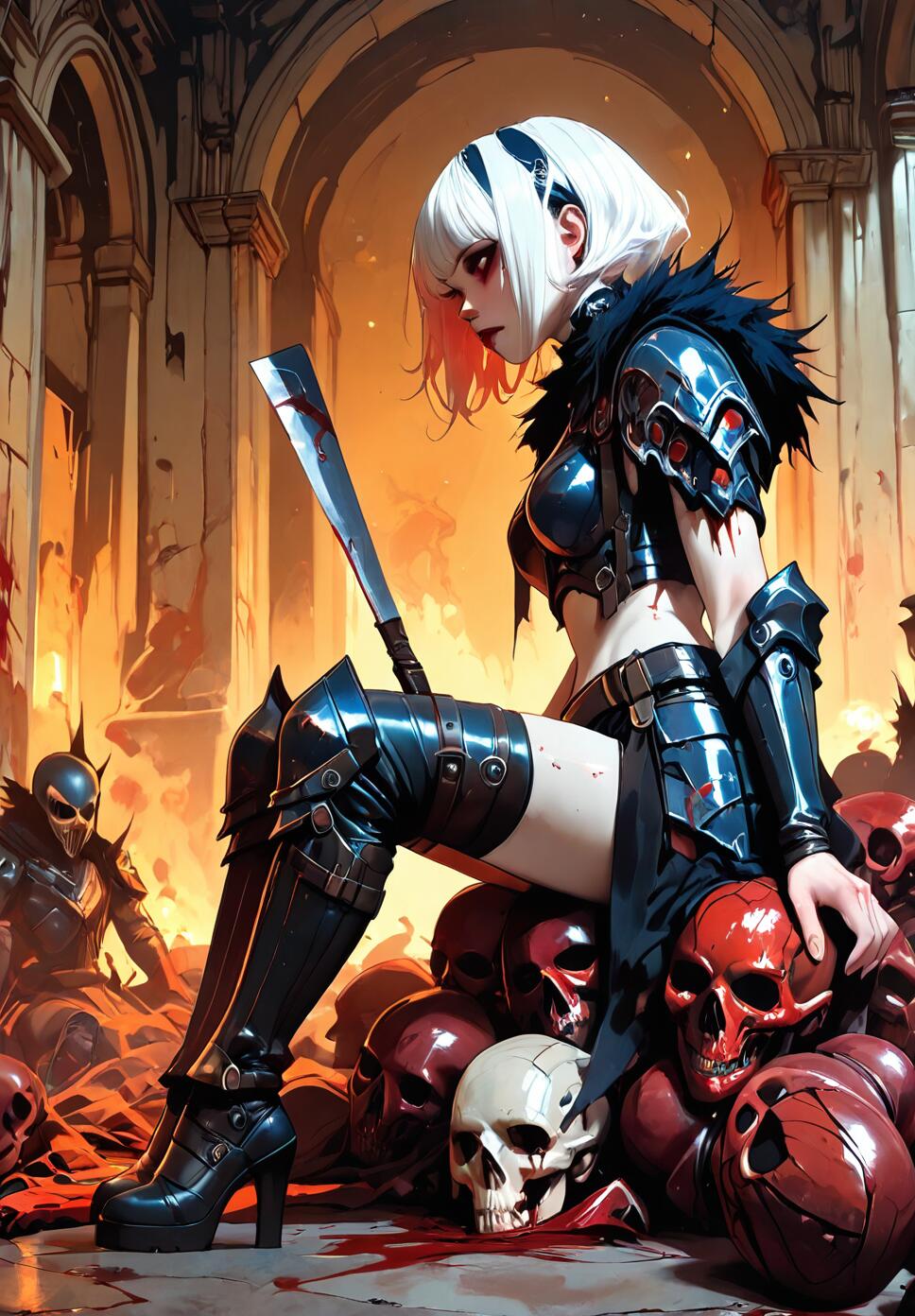 A side view of a demonic girl in gothic spiky armor and a hellmask, sitting on a pile of bodies in hell, with bloody tears and a heavy cleaver.