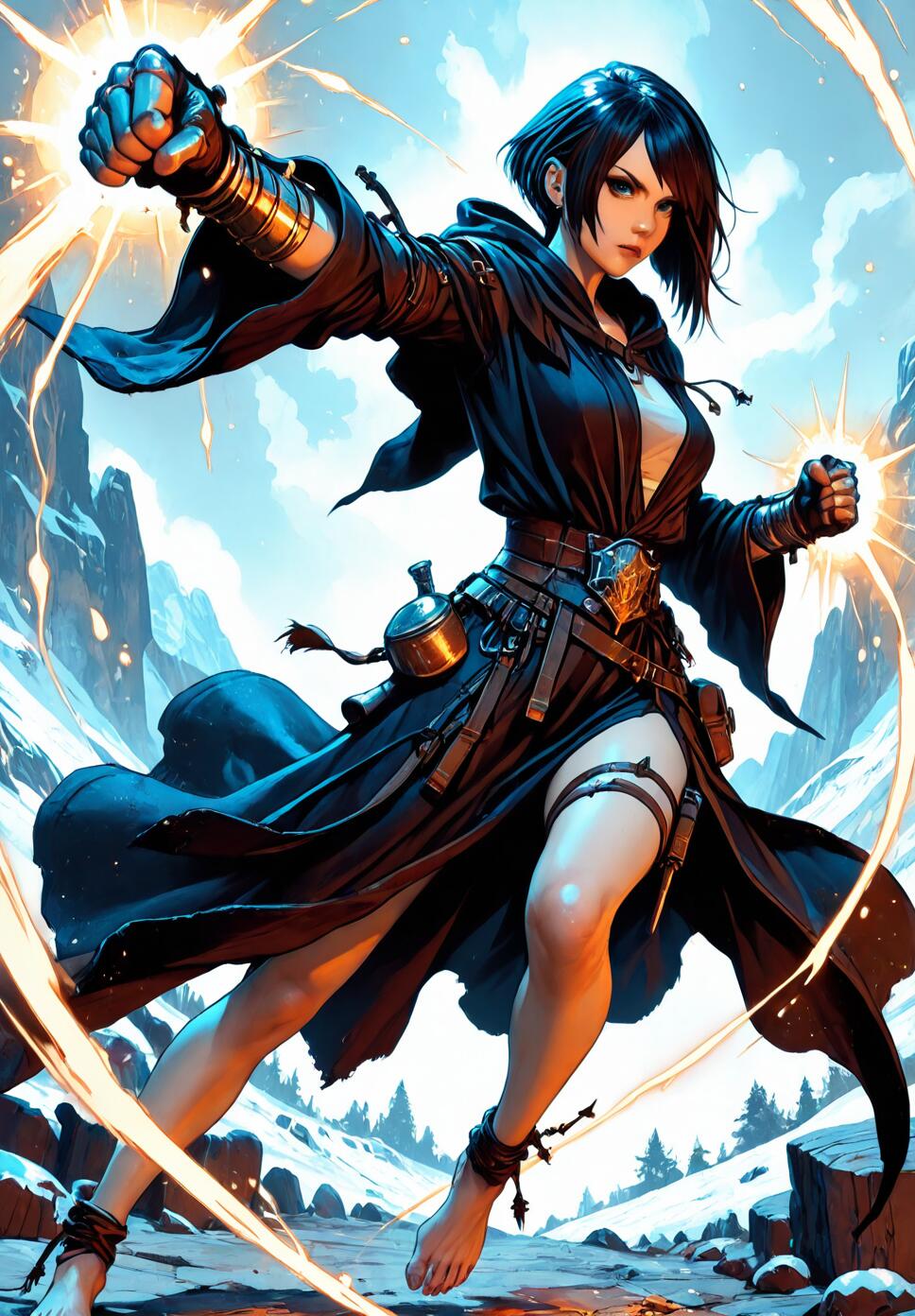 A determined female magitek monk with a black asymmetrical bob punching toward the viewer, wearing orange robes and massive steam-powered brass gauntlets, set against a snowy mountain landscape with ancient monoliths.