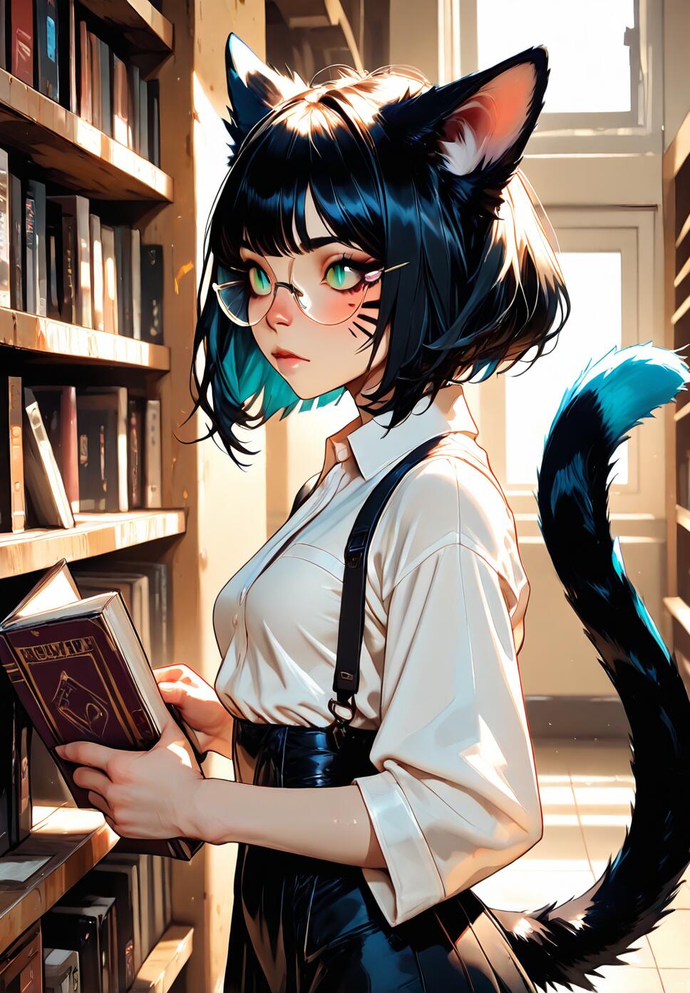 A black anthropomorphic cat girl with green eyes and round glasses reading a book in a library setting.