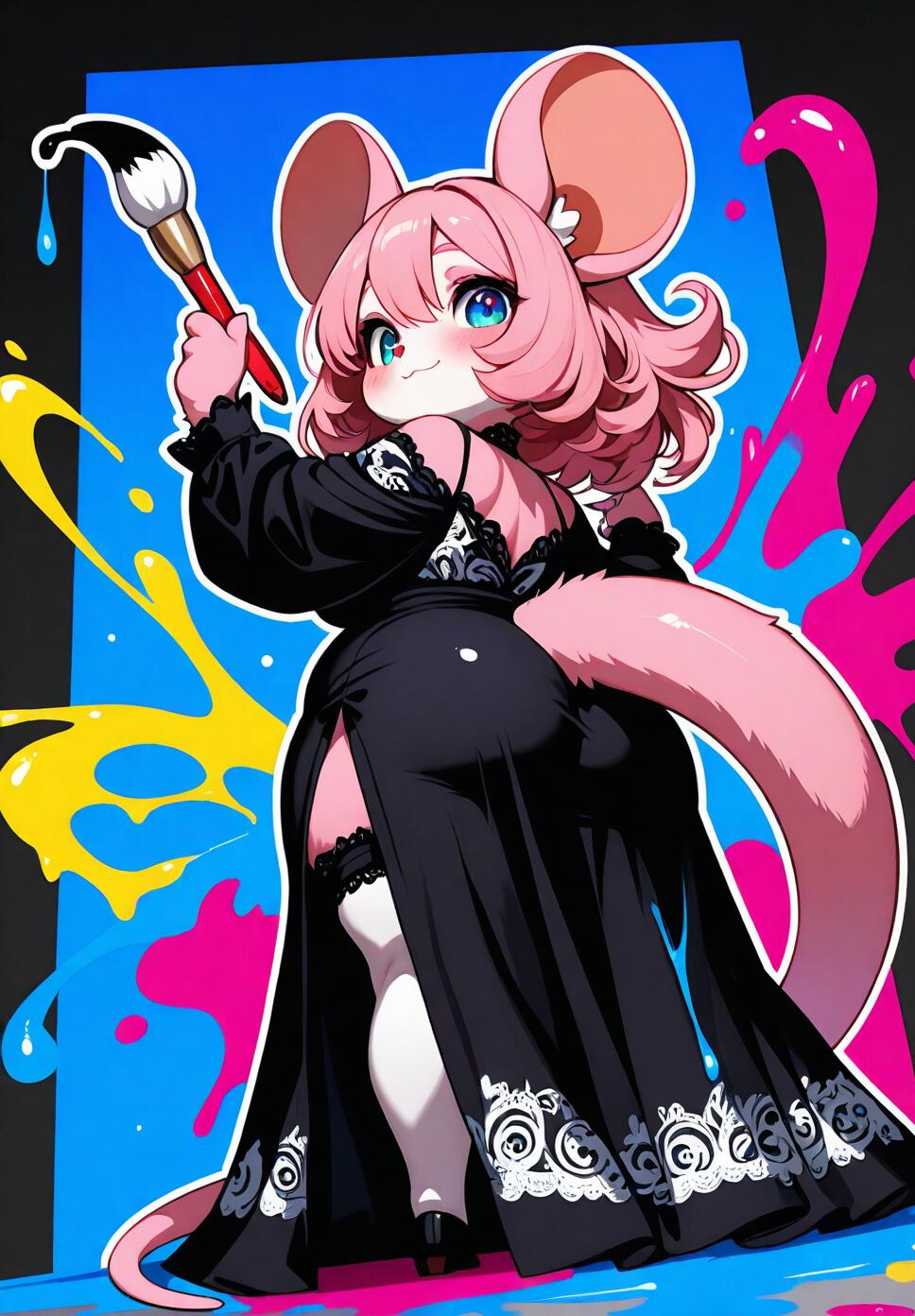 A cute pink-furred rat girl in a black lace dress swinging a paintbrush amidst a vibrant explosion of neon watercolor splashes.