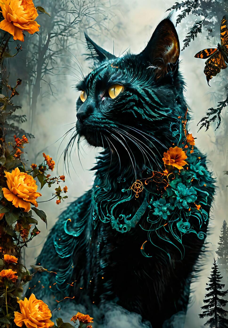 A cinematic dark fantasy painting of a goddess cat with a distorted grin, split between white fog and orange lava, set in a lush, dark forest.