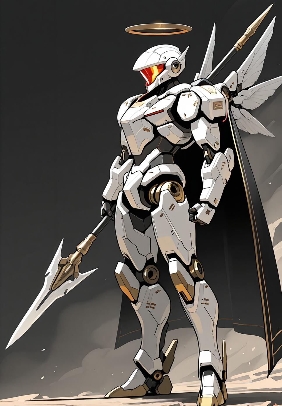 A humanoid mecha robot in black armor and a black cape, holding a polearm, with mechanical wings and a halo.
