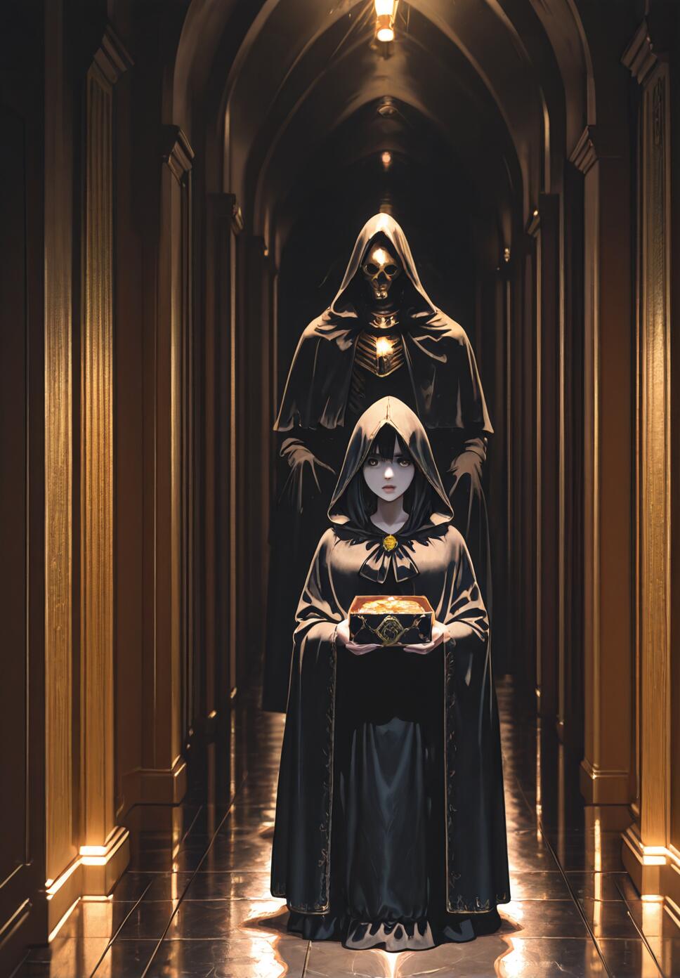 A pale woman in a dark hooded cloak offering an ornate box in a gothic marble corridor.