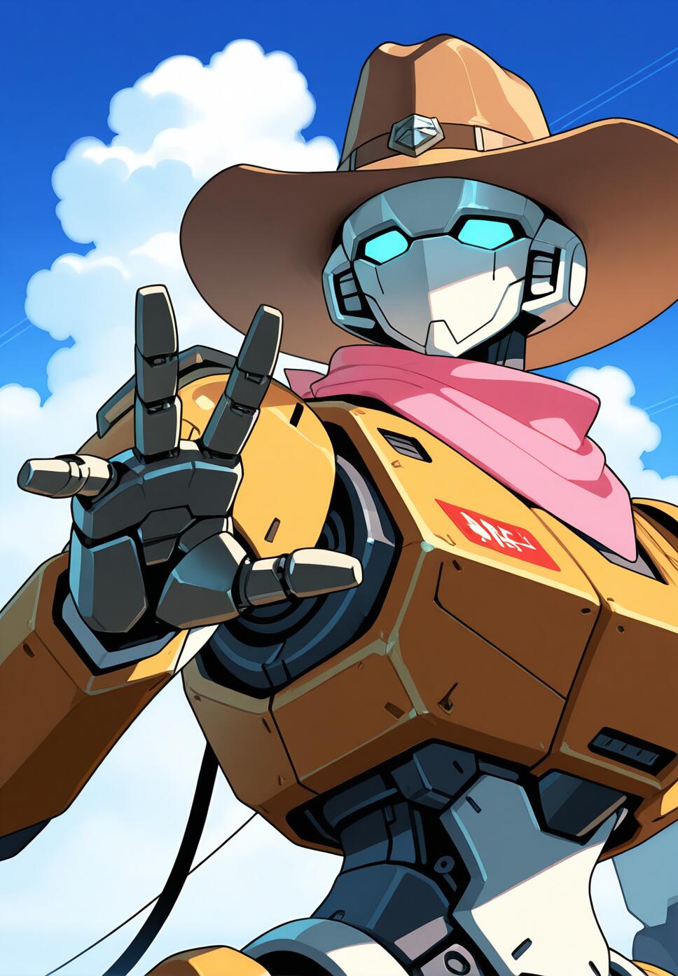 A flat vector illustration of a humanoid robot wearing a brown cowboy hat and a pink scarf with visible mechanical cables.