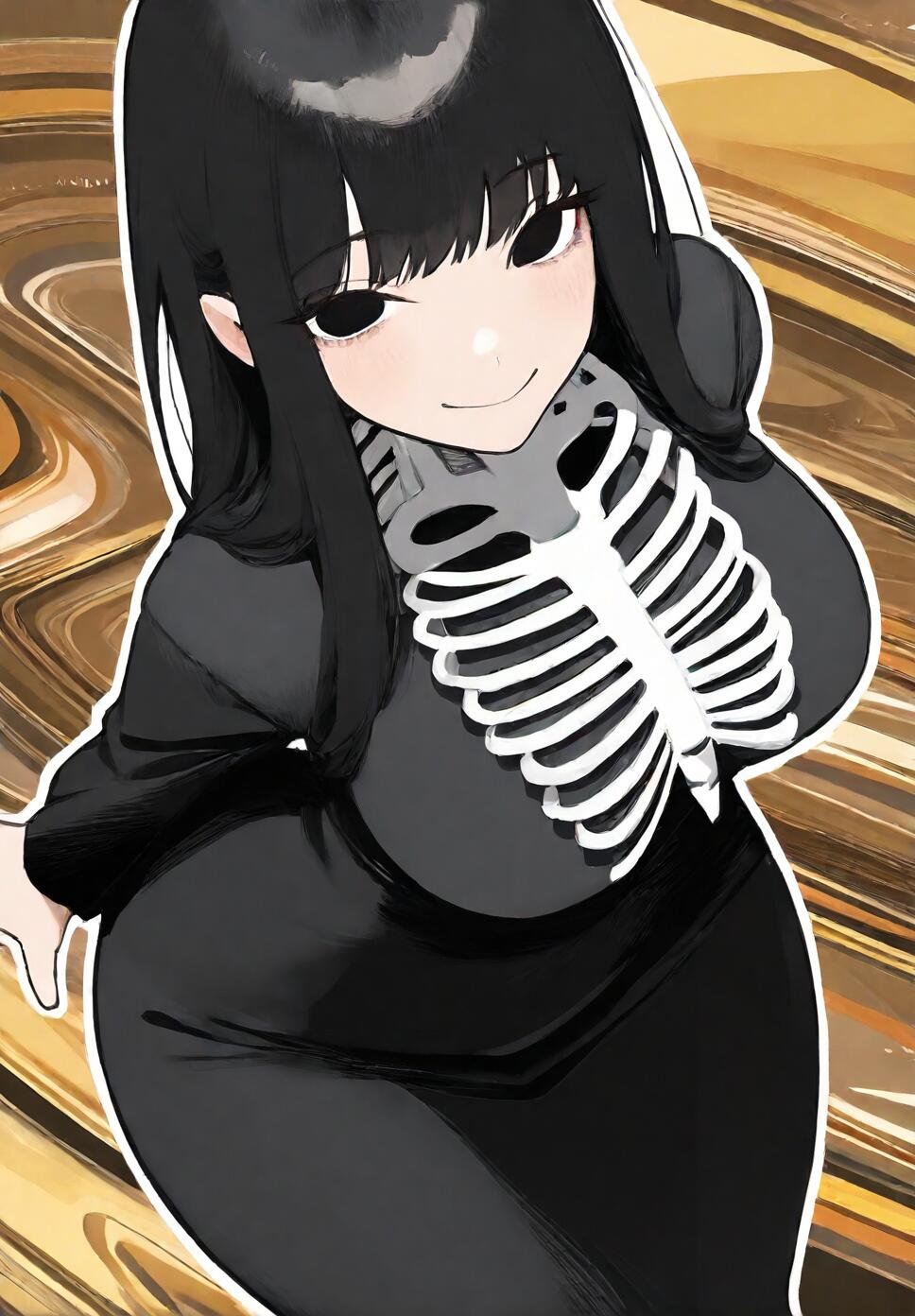 A surreal digital painting of a beautiful girl with doll joints, a metallic skeleton, and large black eyes, wearing a black dress and standing on a conveyor belt.