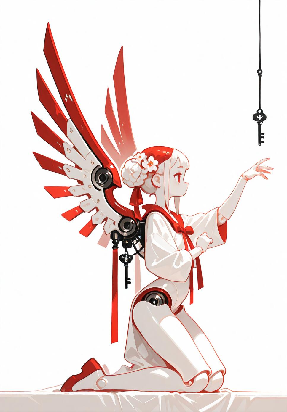 Monochrome fine art illustration of a white-haired doll girl with ball joints and mechanical wings, presenting a key to a small angel cat.