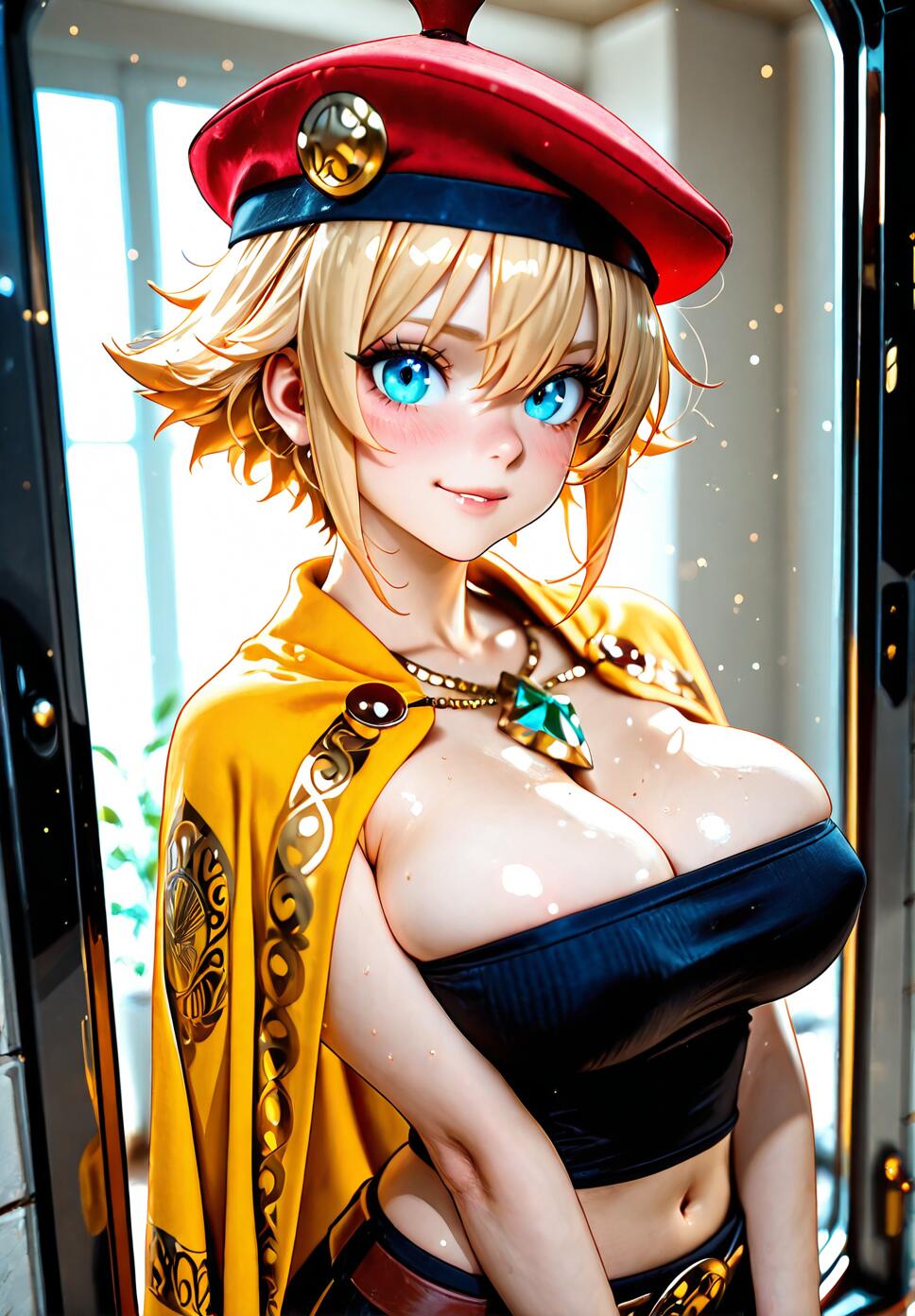 A cheerful anime-style girl with short blonde hair and icy blue eyes, wearing a red beret, yellow cape, and red star-patterned harem pants in a detailed studio setting.