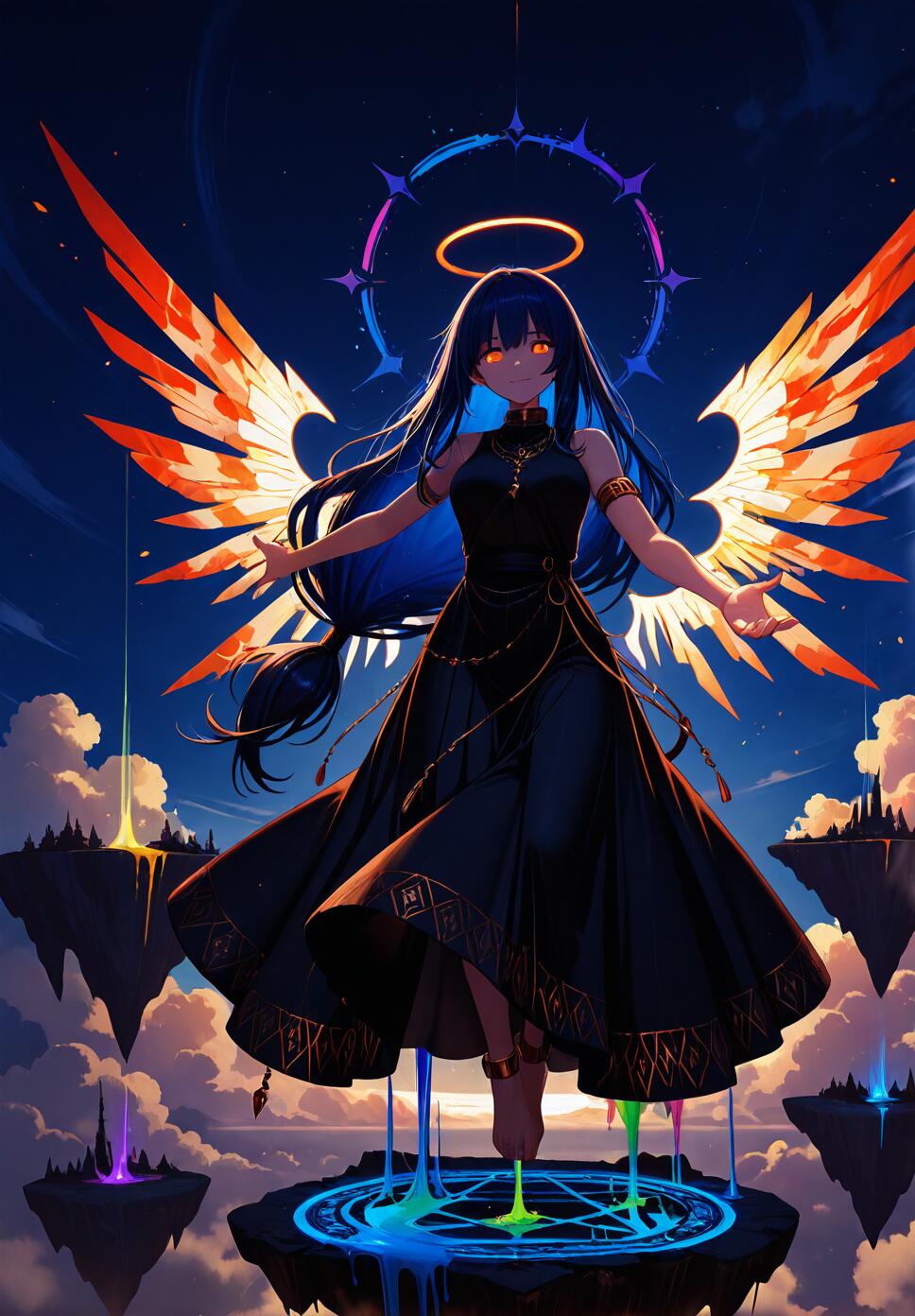 A fantasy sorceress with dark blue and orange hair, casting a rainbow magic spell with glowing eyes and crystal wings amidst floating islands.