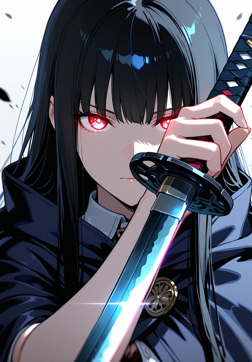 A mysterious girl with long black hair wearing a tattered hooded cloak, holding a katana horizontally at eye level with glowing eyes reflecting in the blade.