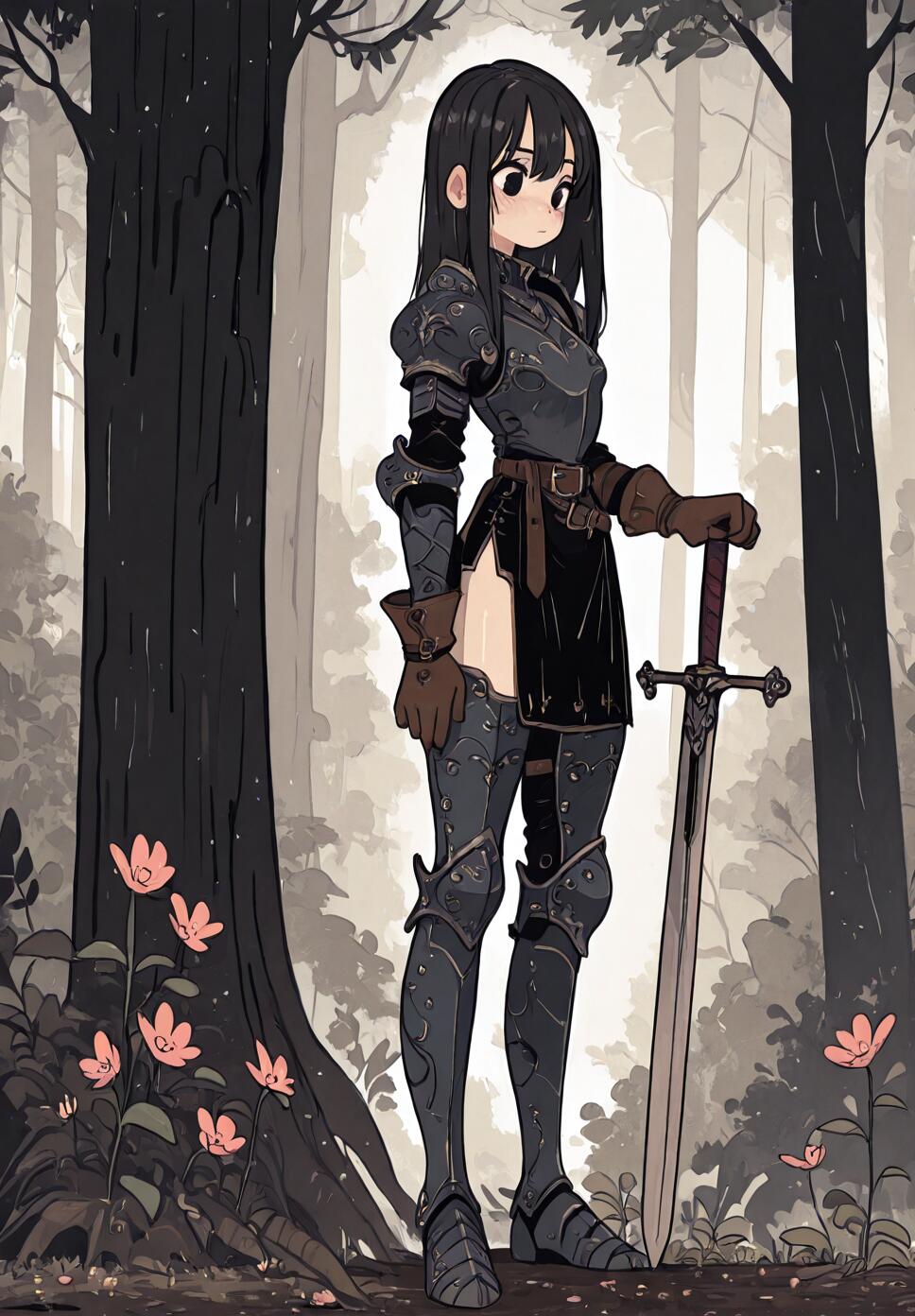 Flat vector illustration of a female knight with long black hair and armor standing in a lush forest with a sword planted in the ground.