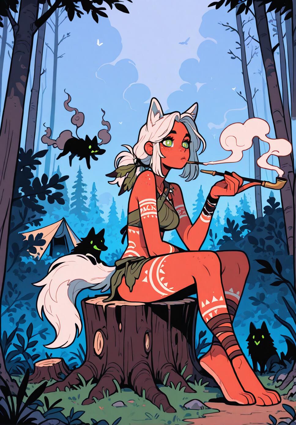 A stylized illustration of a white-haired woman with wolf ears and tail, wearing tribal clothing and body paint, sitting on a tree stump and smoking a pipe that creates smoke animals in a forest camp.