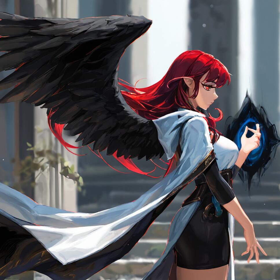 A girl with long red hair and black feathered wings reaching towards a glowing magical portal in ancient stone ruins.