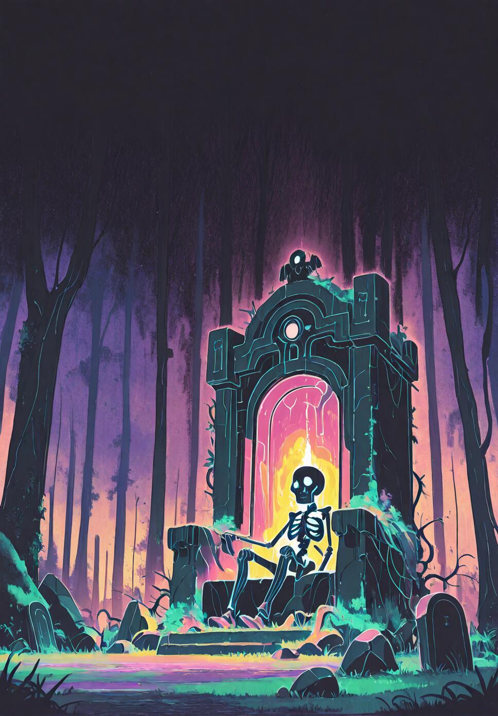 A psychedelic, flat vector illustration of an ancient, non-humanoid robot resting on a throne surrounded by moss, skulls, and overgrown forest ruins.