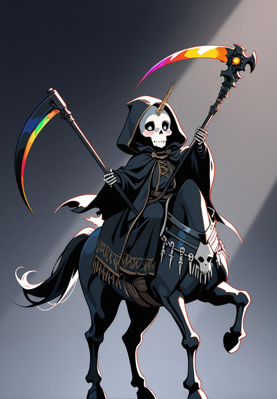 A chibi-style flat vector illustration of a hooded character with a skull mask riding a skeleton unicorn through a rainbow, holding a scythe.