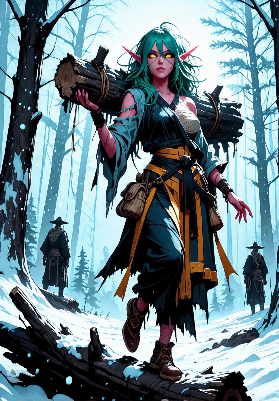 An athletic Night Elf monk with pink skin, red warpaint, and green hair, balancing a large log on her shoulder in a snowy forest.