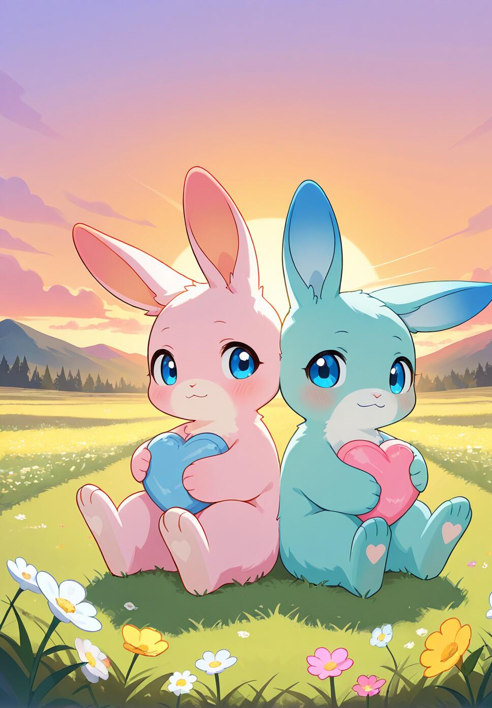 A blue fluffy rabbit lovingly nuzzling a pink fluffy rabbit amidst wildflowers in a sunlit green meadow during sunset.
