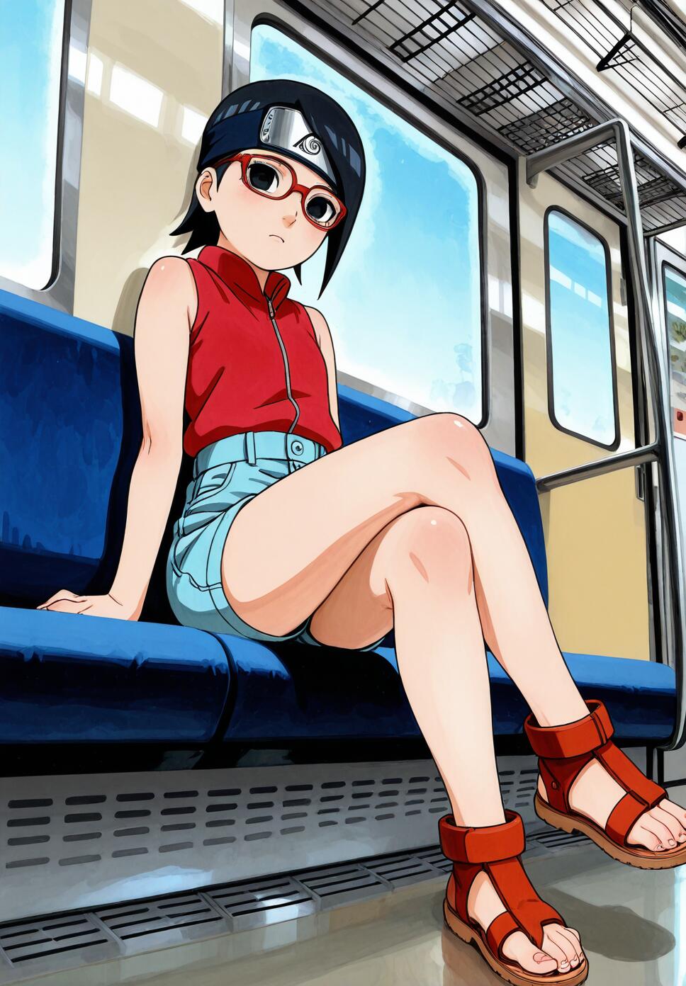 Watercolor anime art of Uchiha Sarada from Naruto sitting on a train wearing red glasses and a Konoha headband.