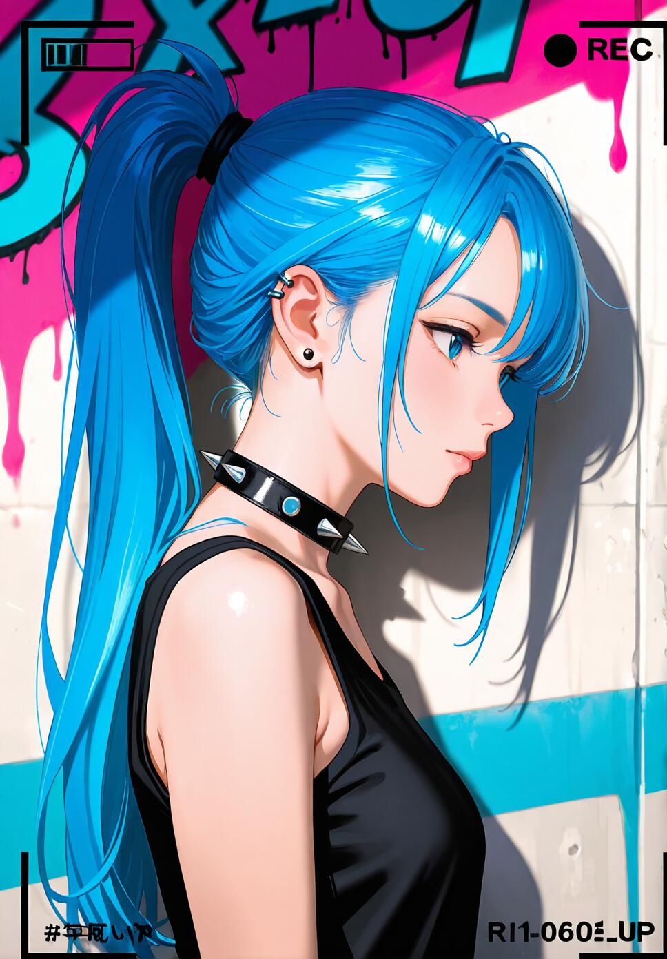 A woman with blue hair in a ponytail and a black studded choker standing in front of a pink and blue graffiti wall.