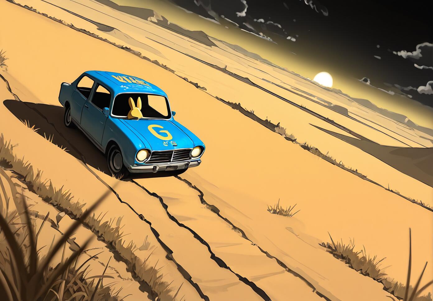 An anthropomorphic brown rabbit wearing a blue Vault-Tec jumpsuit lying on the hood of a car in the moonlit Mojave Desert.