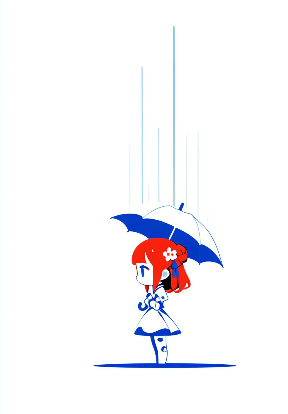 A chibi-style ball-jointed doll with red hair and a braided bun holding an umbrella under colorful rainbow rain, minimalist painterly style.