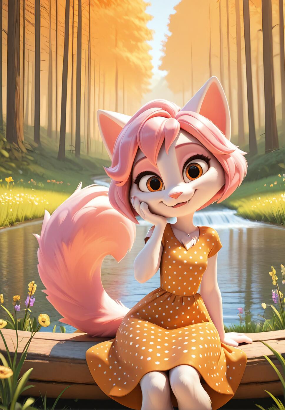 An adorable anthropomorphic white cat with pink hair and an orange polka-dot dress sitting in a vibrant wildflower meadow near a forest stream.