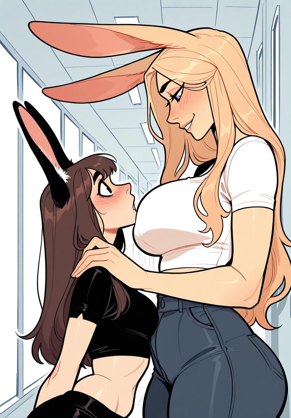 A close-up side view of a tall brown-haired rabbit girl pressing a small blonde catgirl against a hallway wall, looking into each other's eyes with intense emotion.