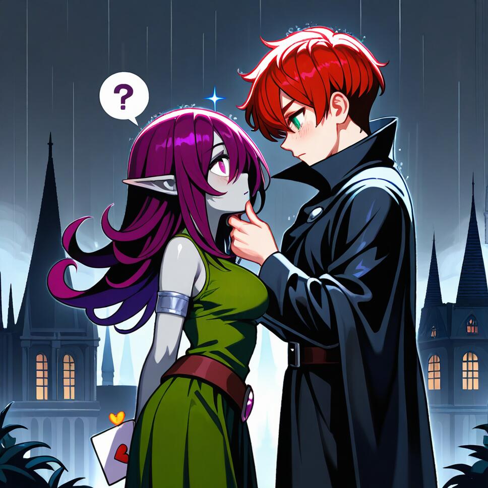 Pixel art illustration of a red-haired elf and a purple-haired dark magician holding love letters in a rainy gothic alcove.