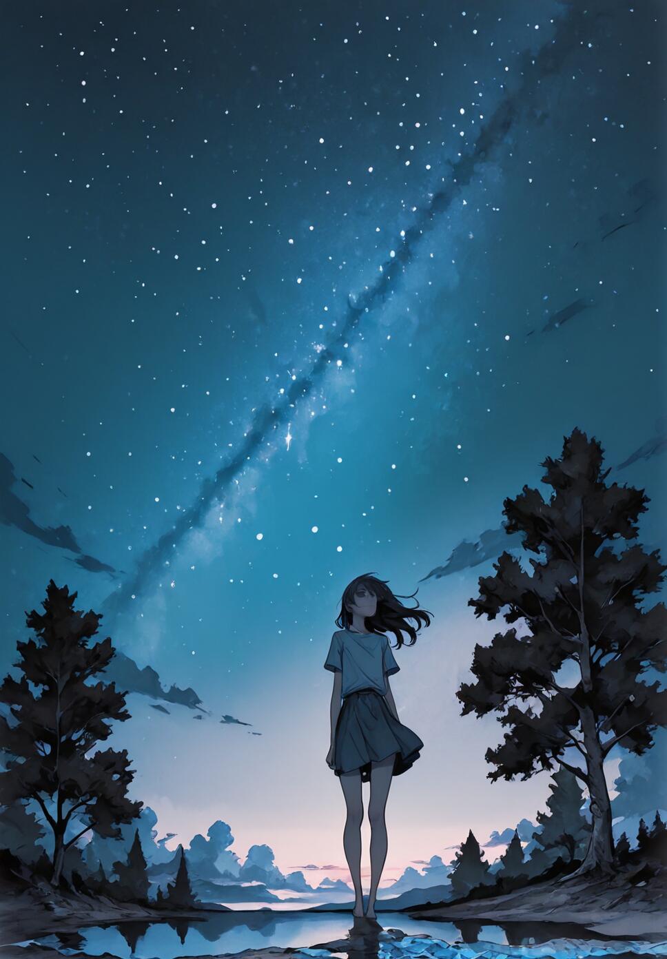 Watercolor illustration of a girl with long hair standing barefoot by a tree under a starry night sky.