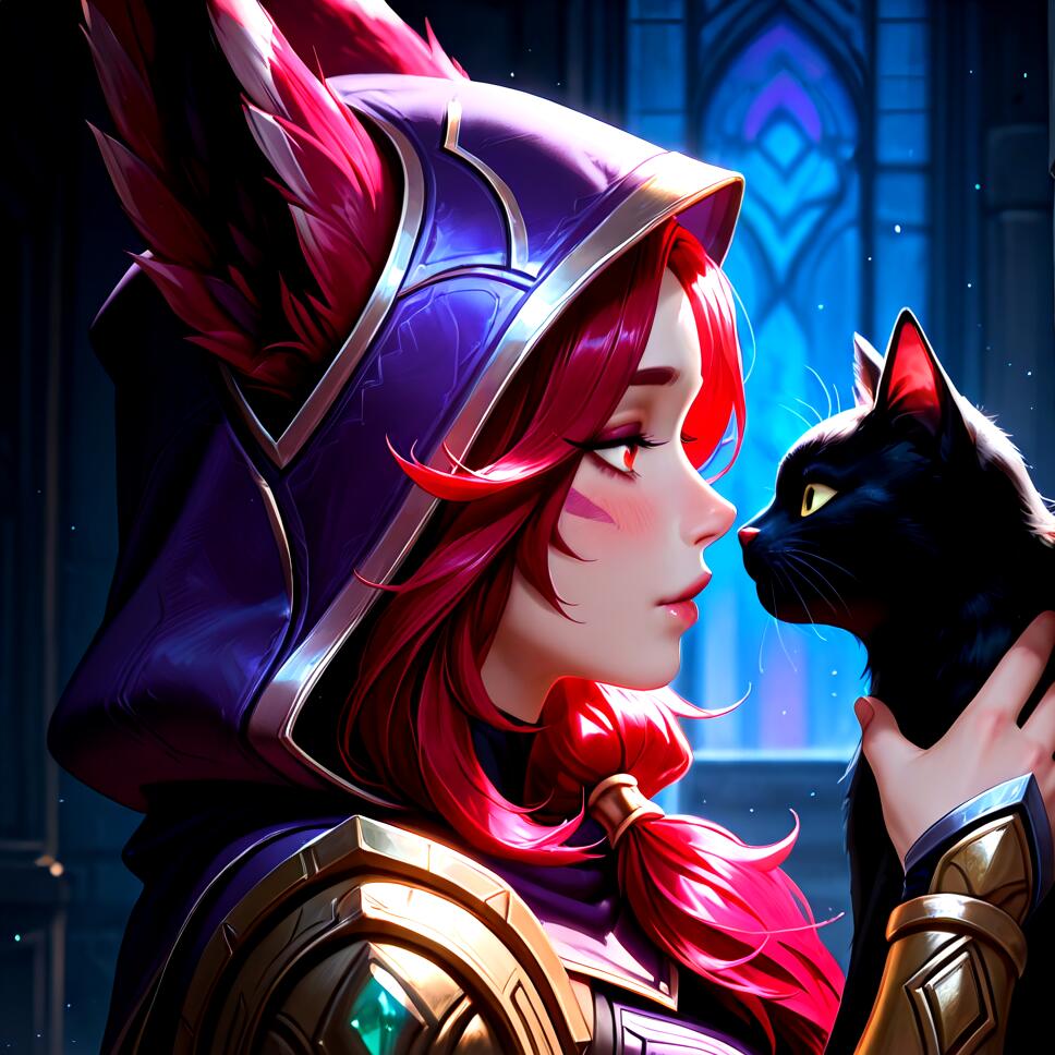 A detailed side-view portrait of Xayh from League of Legends holding a black cat with a loving gaze.