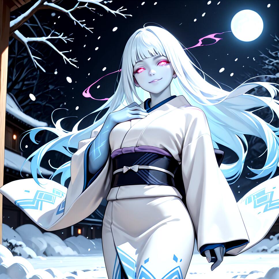 A beautiful Yuki-Onna with blue skin, white hair, and glowing eyes smirking during a heavy nighttime snowstorm under the moon.