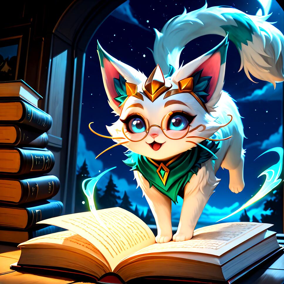 Yuumi from League of Legends, a white-furred magical cat with blue eyes and glasses, perched on an open book flying in the night sky.