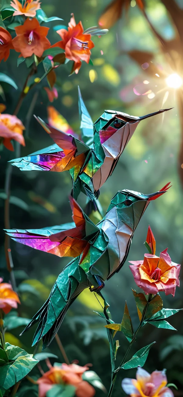 Iridescent Origami Hummingbird in a Sunlit Forest